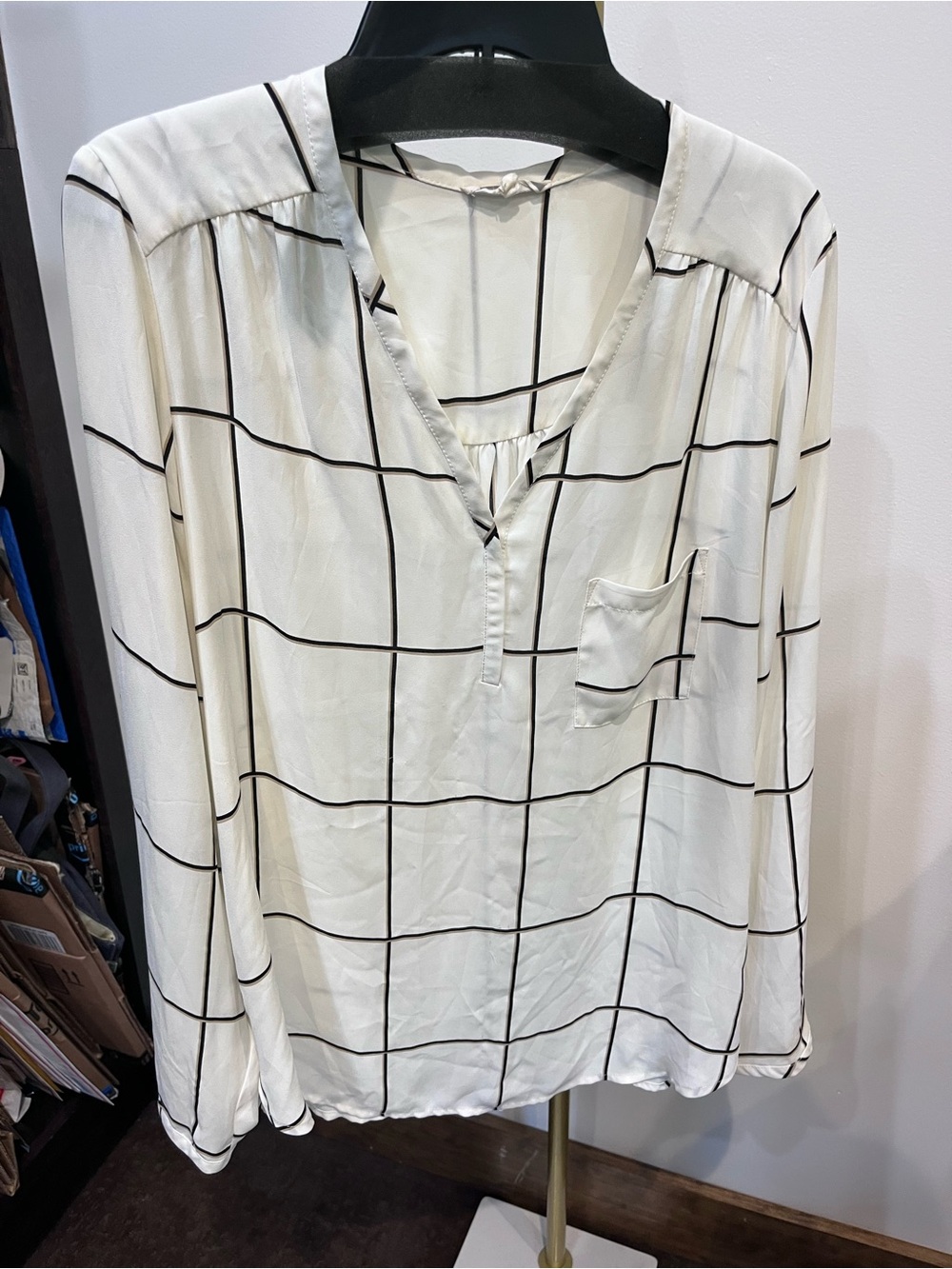 Pleione White Blouse with Black Windowpane Grid